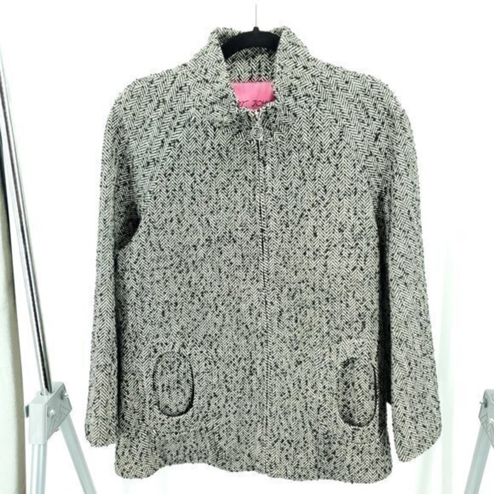 Betsey Johnson Wool-Blend Chevron Tweed Swing Coat M Black/White
